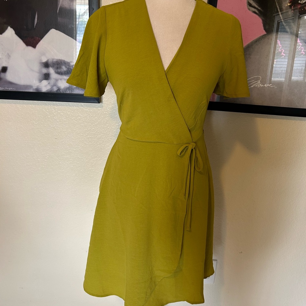Monteau Chartreuse Wrap Mini Dress
